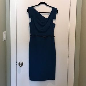 Black Halo peacock blue dress